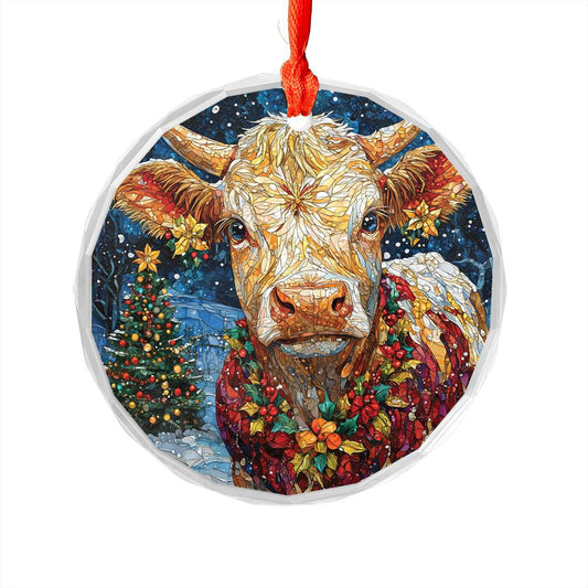 Beautiful Hereford Cow Christmas Night Design 2 Glass Ornament