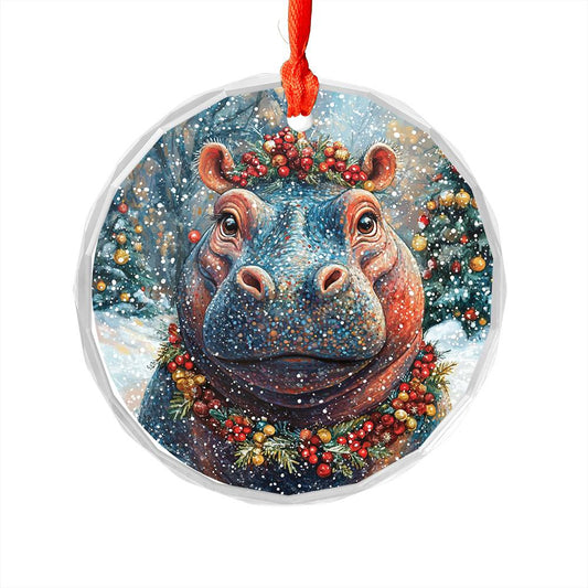 Beautiful Hippo Christmas Night Design 1 Glass Ornament