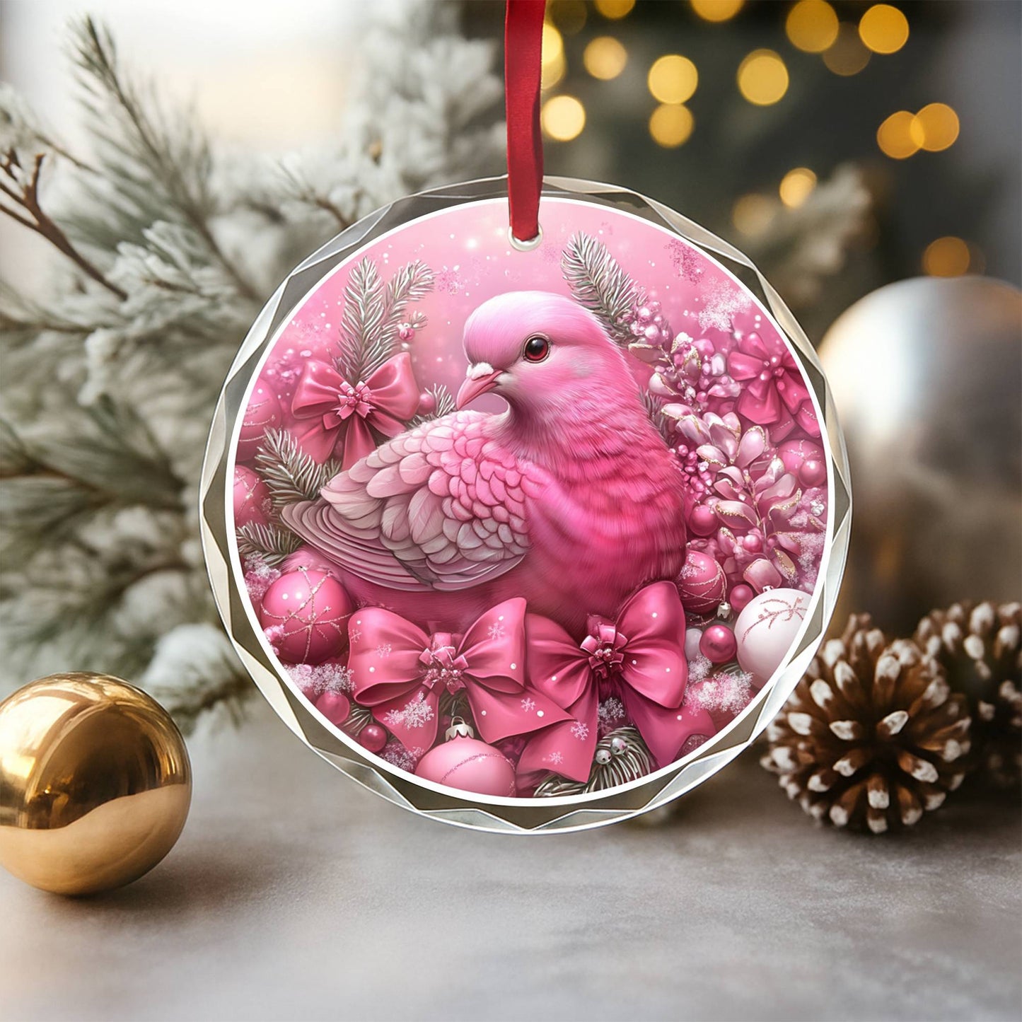 Pigeon Pink Christmas Design 4 Glass Ornament
