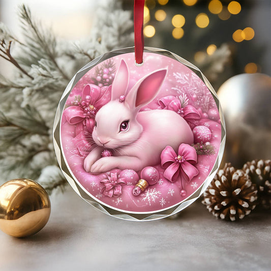Rabbit Pink Christmas Design 3 Glass Ornament