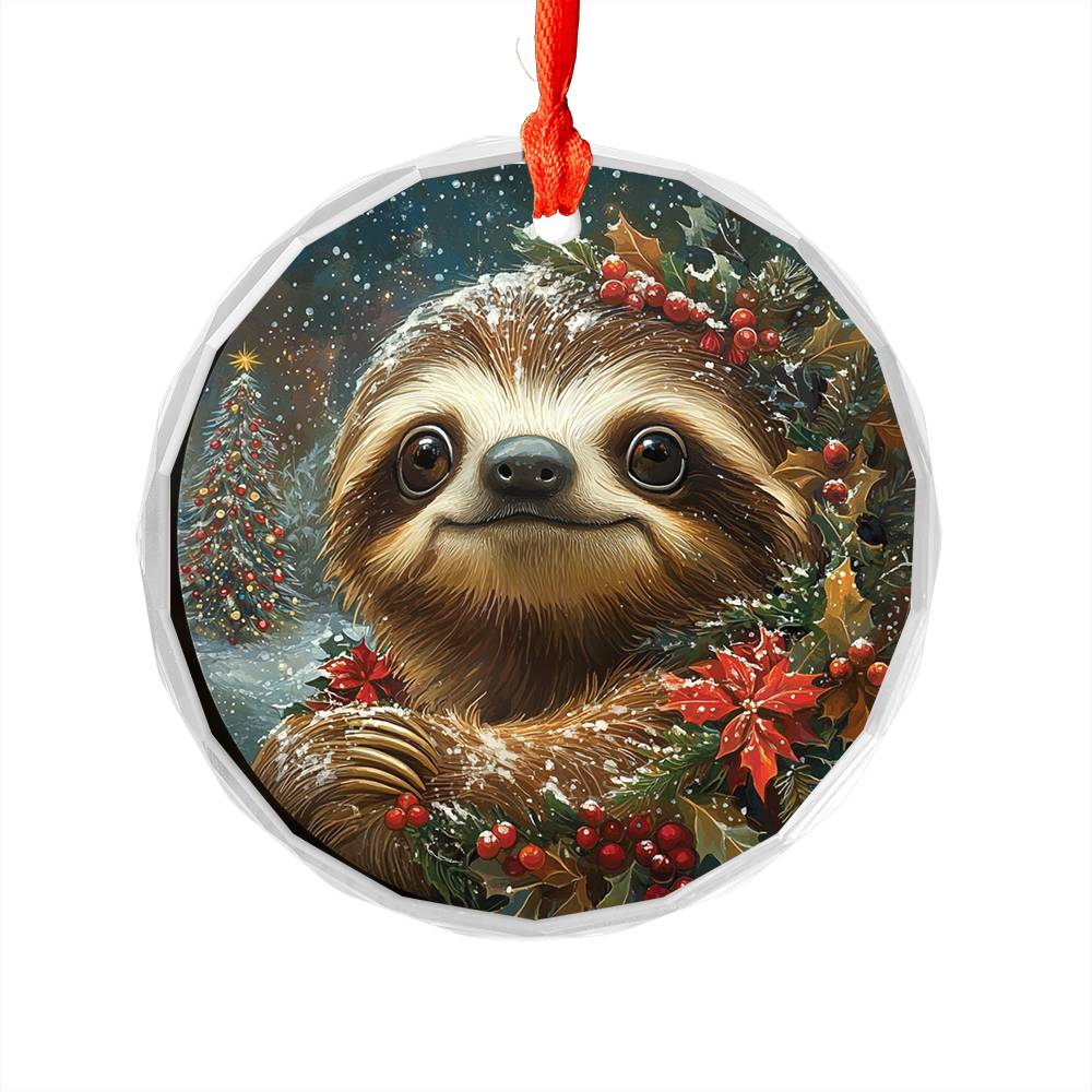 Beautiful Angus Sloth Christmas Night Design 3 Glass Ornament