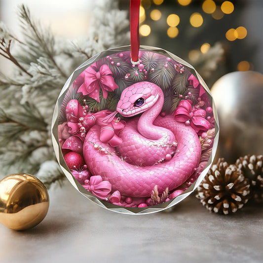 Snake Pink Christmas Design 2 Glass Ornament