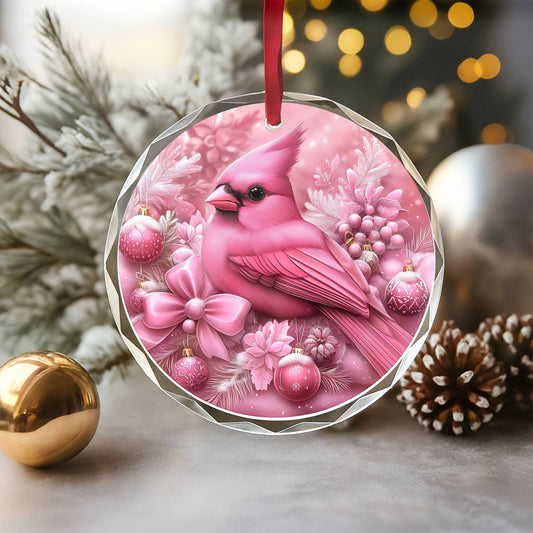 Cardinal Pink Christmas Design 4 Glass Ornament