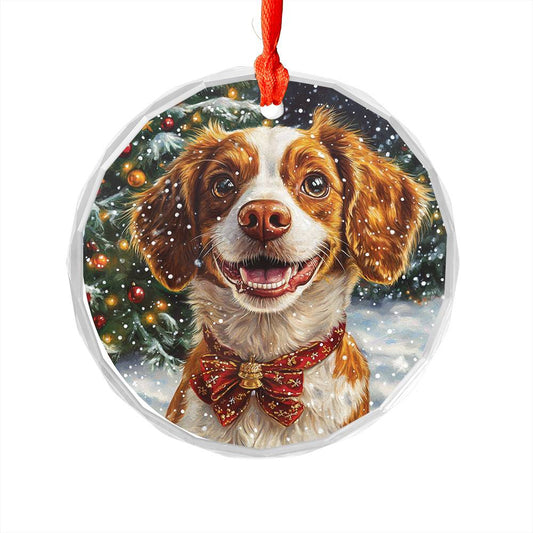 Beautiful Brittany Dog Christmas Night Design 3 Glass Ornament