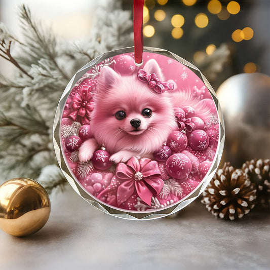 Pomeranian Dog Pink Christmas Design 2 Glass Ornament