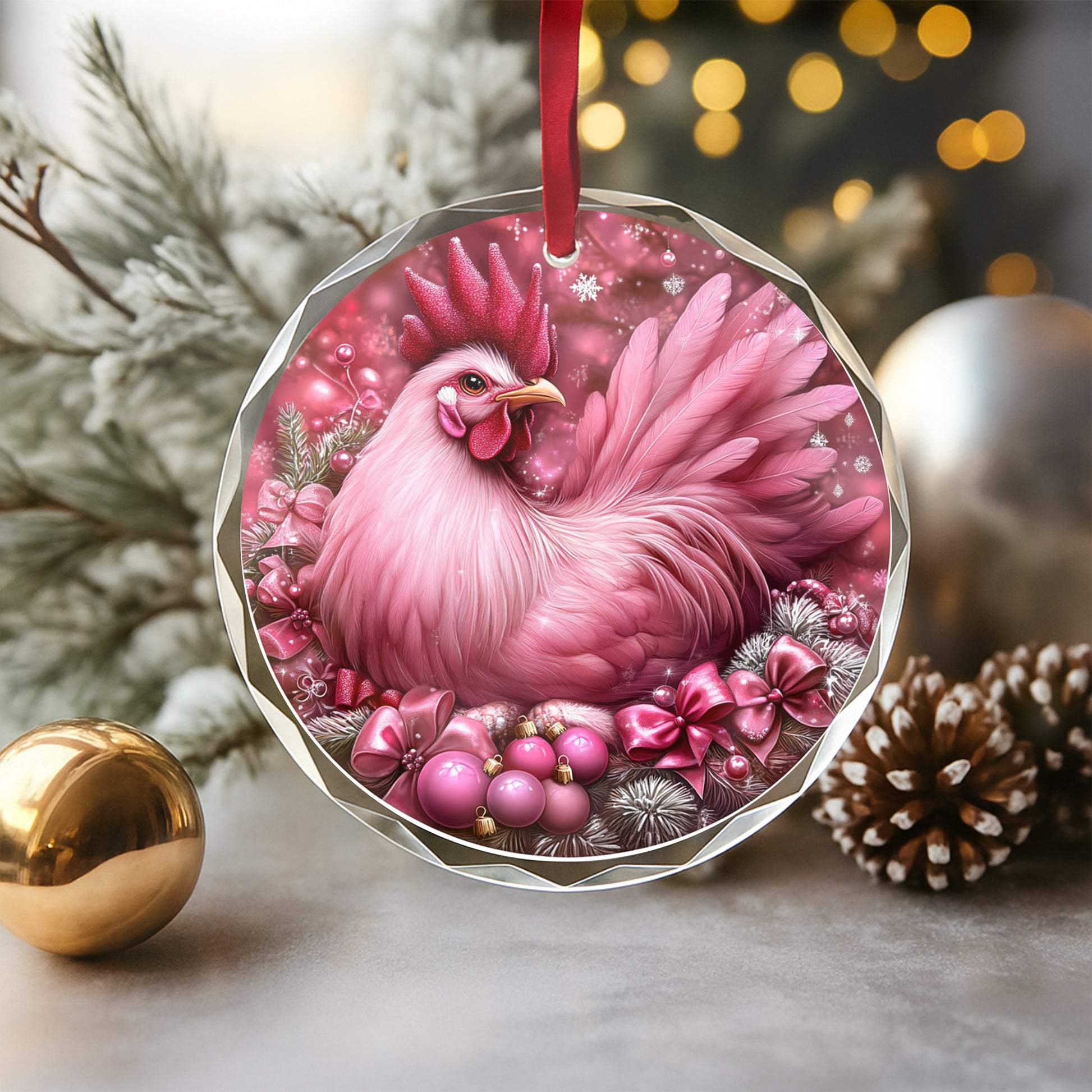 Rooster Pink Christmas Design 3 Glass Ornament