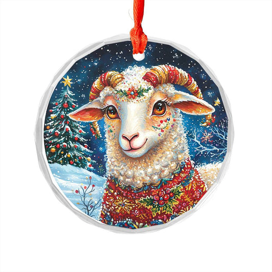 Beautiful Sheep Christmas Night Design 2 Glass Ornament