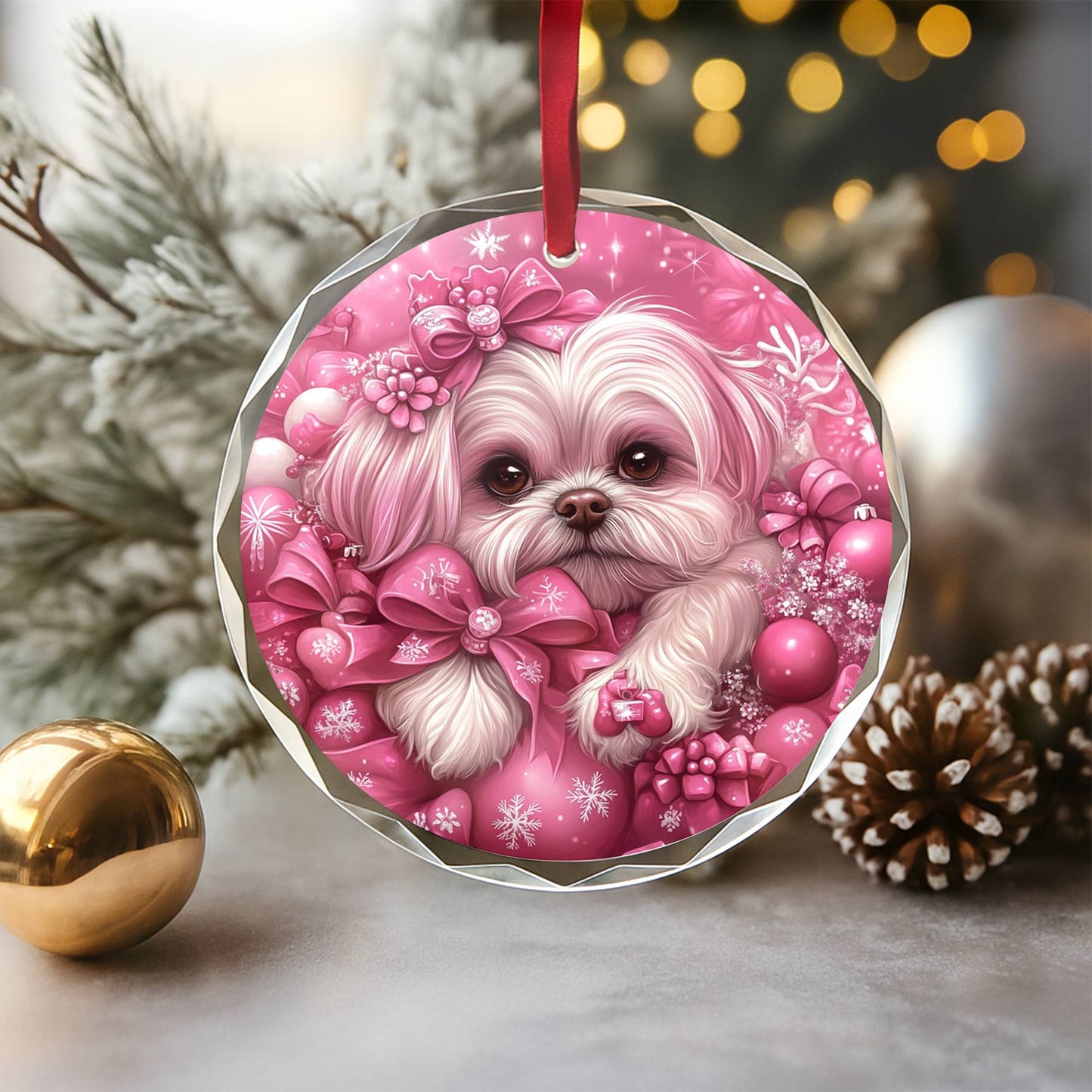 Shih Tzu Dog Pink Christmas Design 3 Glass Ornament