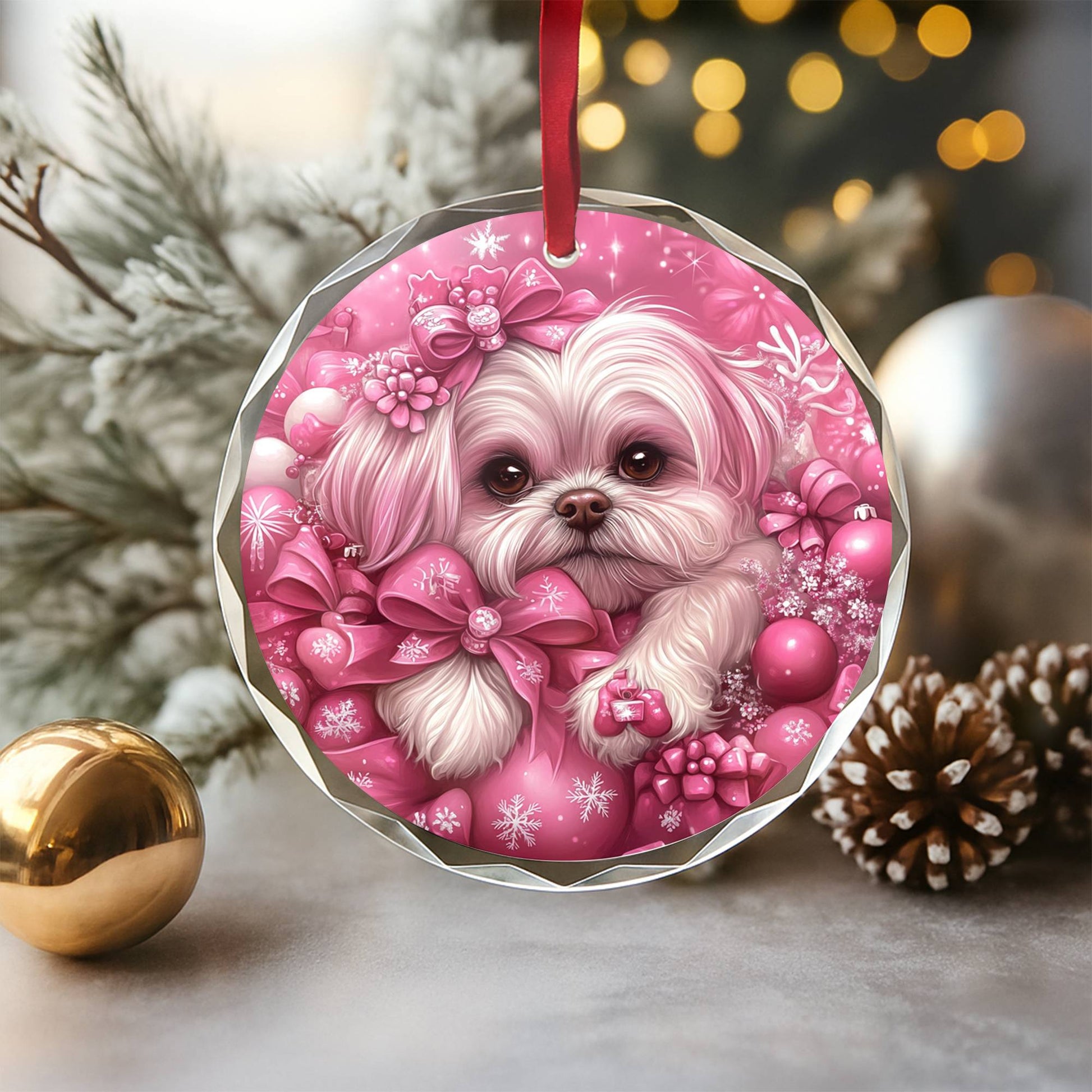 Shih Tzu Dog Pink Christmas Design 3 Glass Ornament