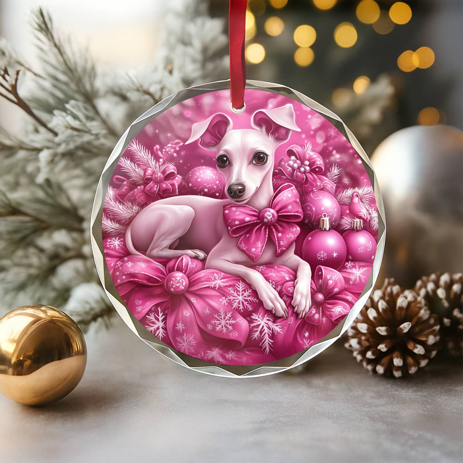 Whippet Dog Pink Christmas Design 3 Glass Ornament