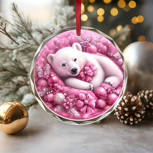 Pola Bear Pink Christmas Design 3 Glass Ornament