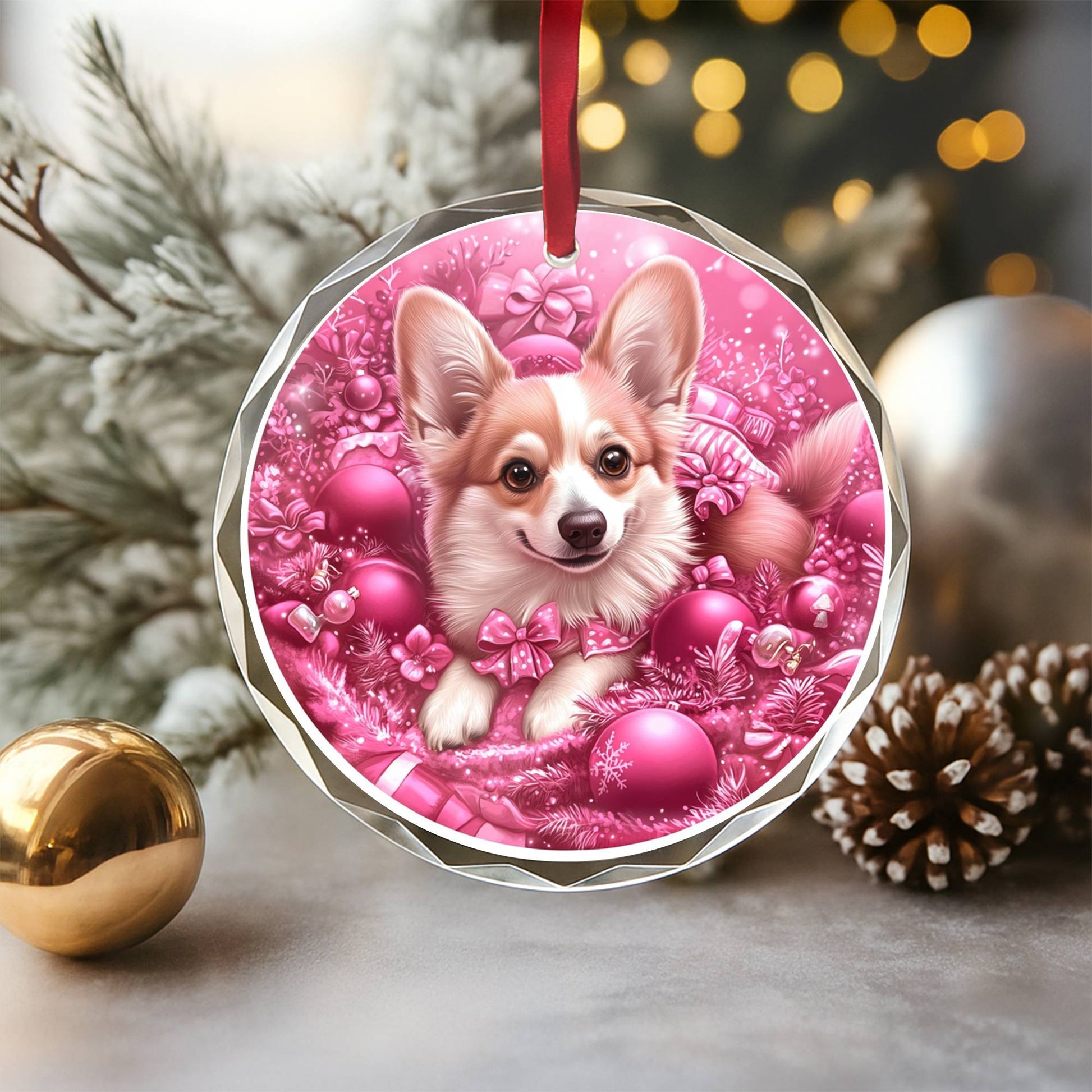 Pembroke Welsh Corgi Dog Pink Christmas Design 1 Glass Ornament