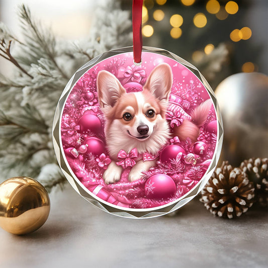 Pembroke Welsh Corgi Dog Pink Christmas Design 1 Glass Ornament