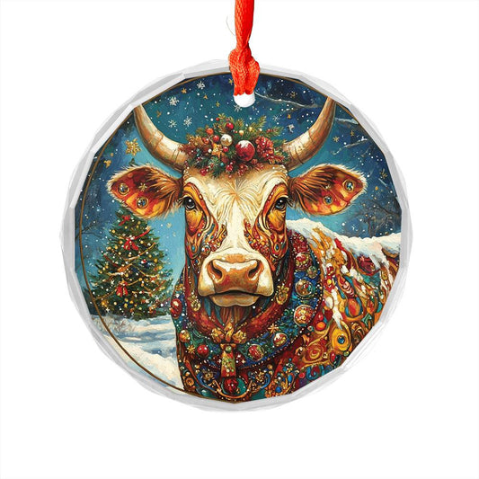 Beautiful Longhorn Cow Christmas Night Design 1 Glass Ornament