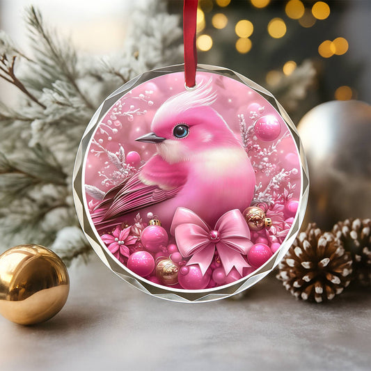 Songbird Pink Christmas Design 2 Glass Ornament