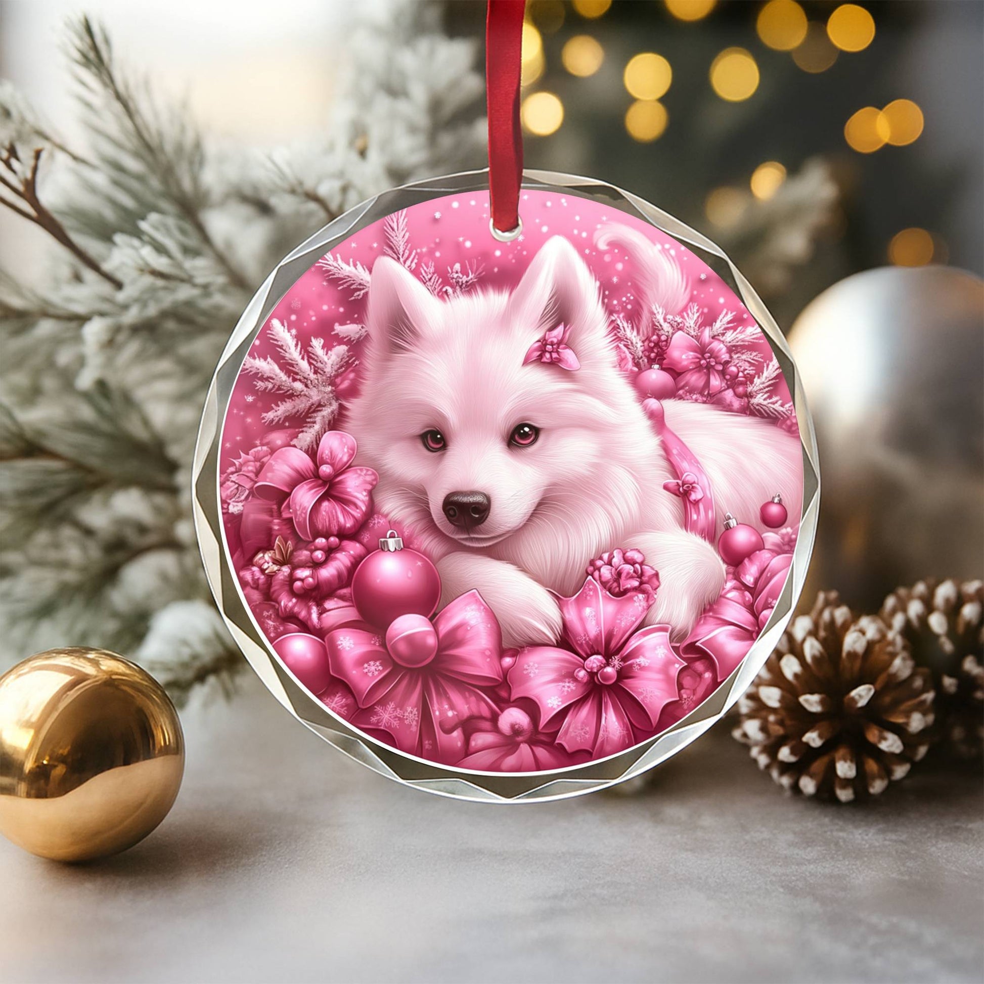 Samoyed Dog Pink Christmas Design 3 Glass Ornament