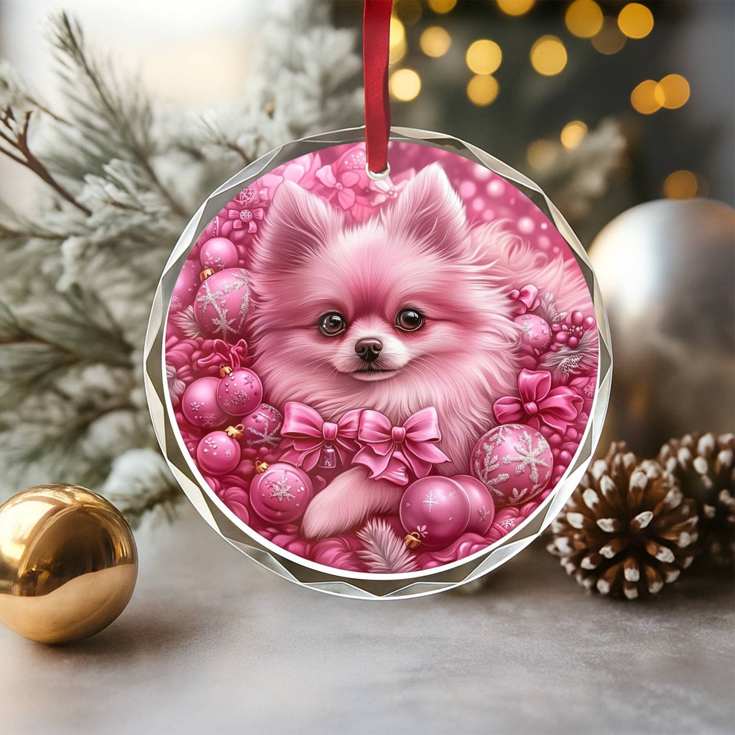 Pomeranian Dog Pink Christmas Design 1 Glass Ornament