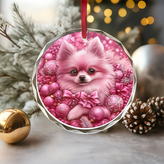 Pomeranian Dog Pink Christmas Design 1 Glass Ornament