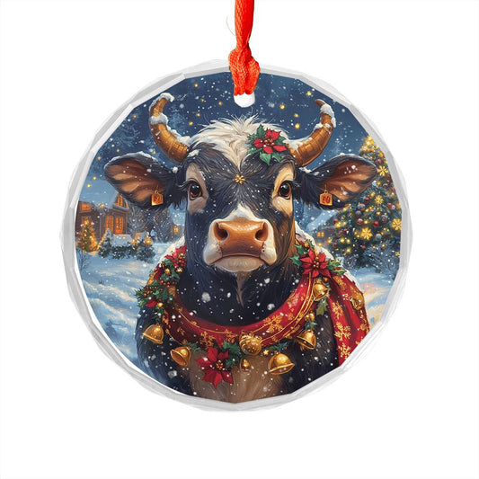 Beautiful Bull Christmas Night Design 1 Glass Ornament