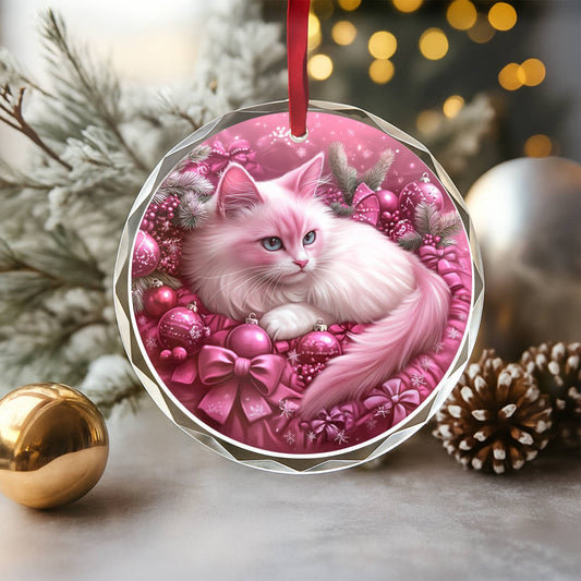 Birman Cat Pink Christmas Design 1 Glass Ornament