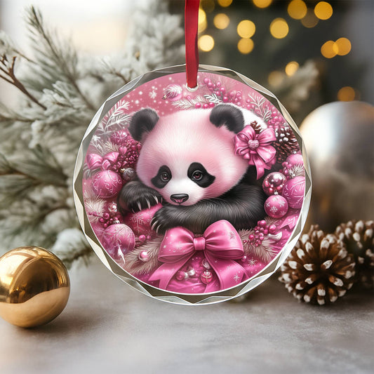 Panda Pink Christmas Design 1 Glass Ornament