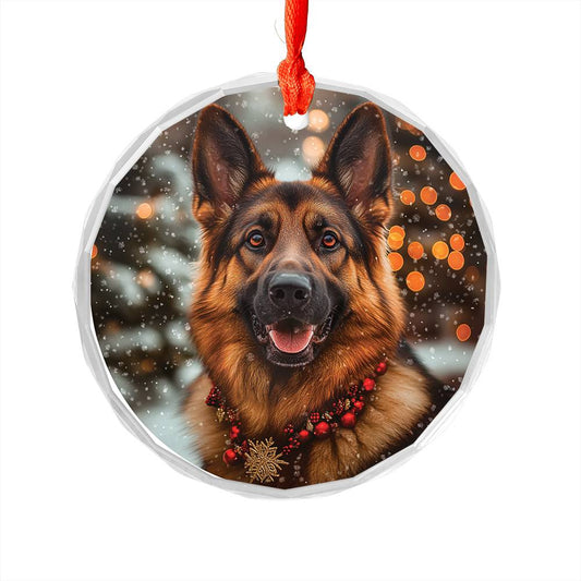 Beautiful German Shepherd Dog Christmas Night Design 2 Glass Ornament