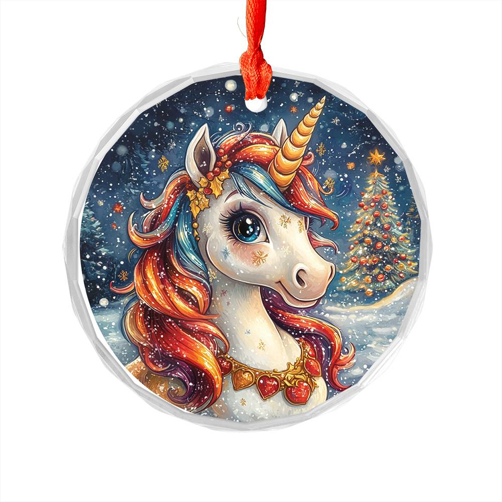 Beautiful Angus Unicorn Christmas Night Design 3 Glass Ornament