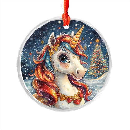 Beautiful Angus Unicorn Christmas Night Design 3 Glass Ornament