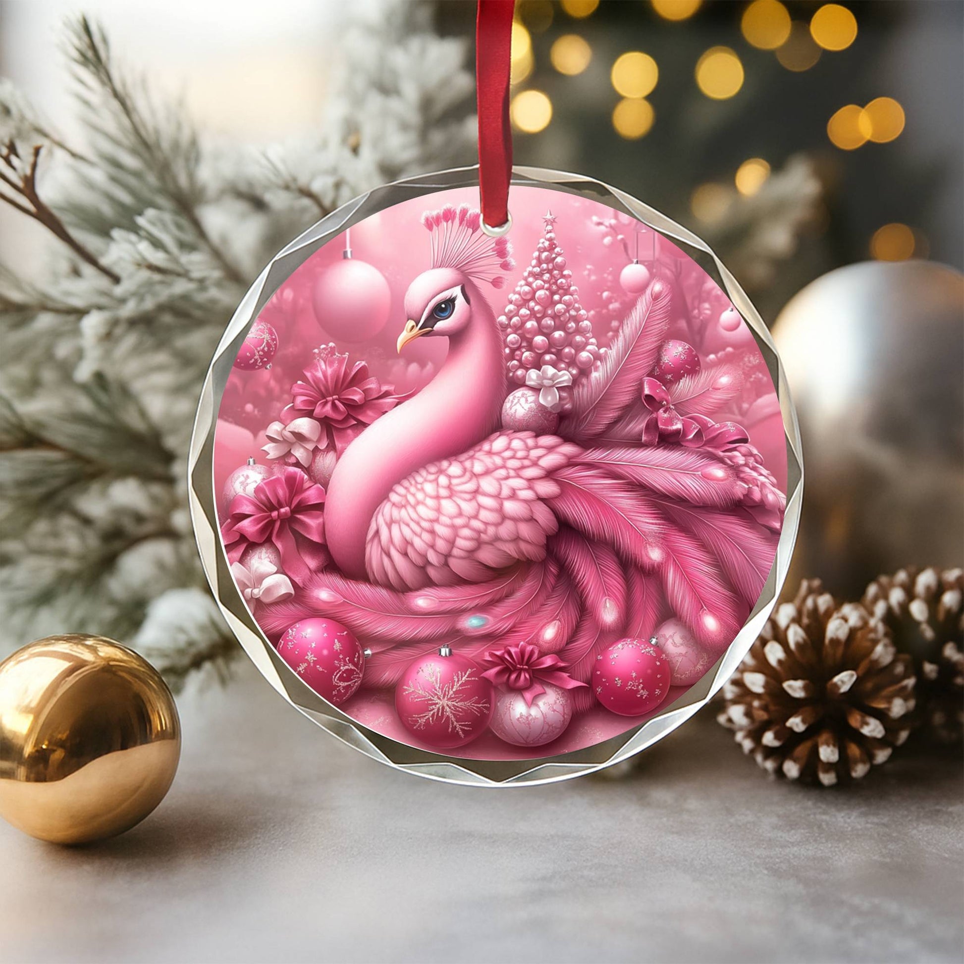 Peacock Pink Christmas Design 1 Glass Ornament