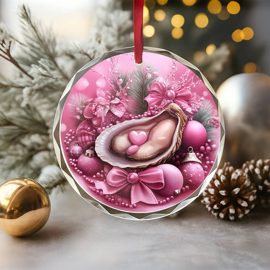 Oysters Pink Christmas Design 3 Glass Ornament