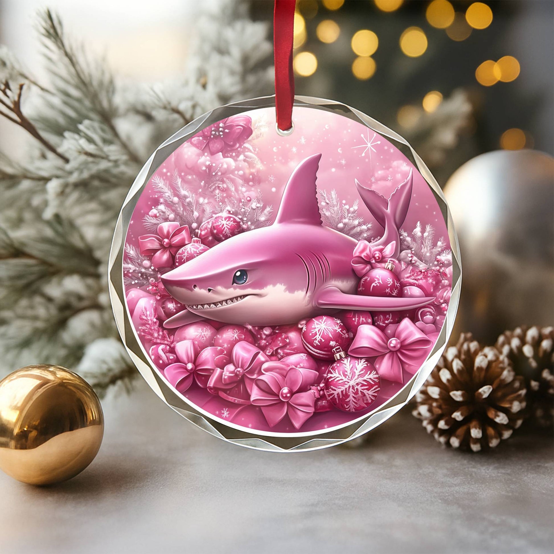 Shark Pink Christmas Design 1 Glass Ornament