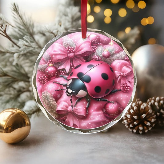 Ladybug Pink Christmas Design 2 Glass Ornament
