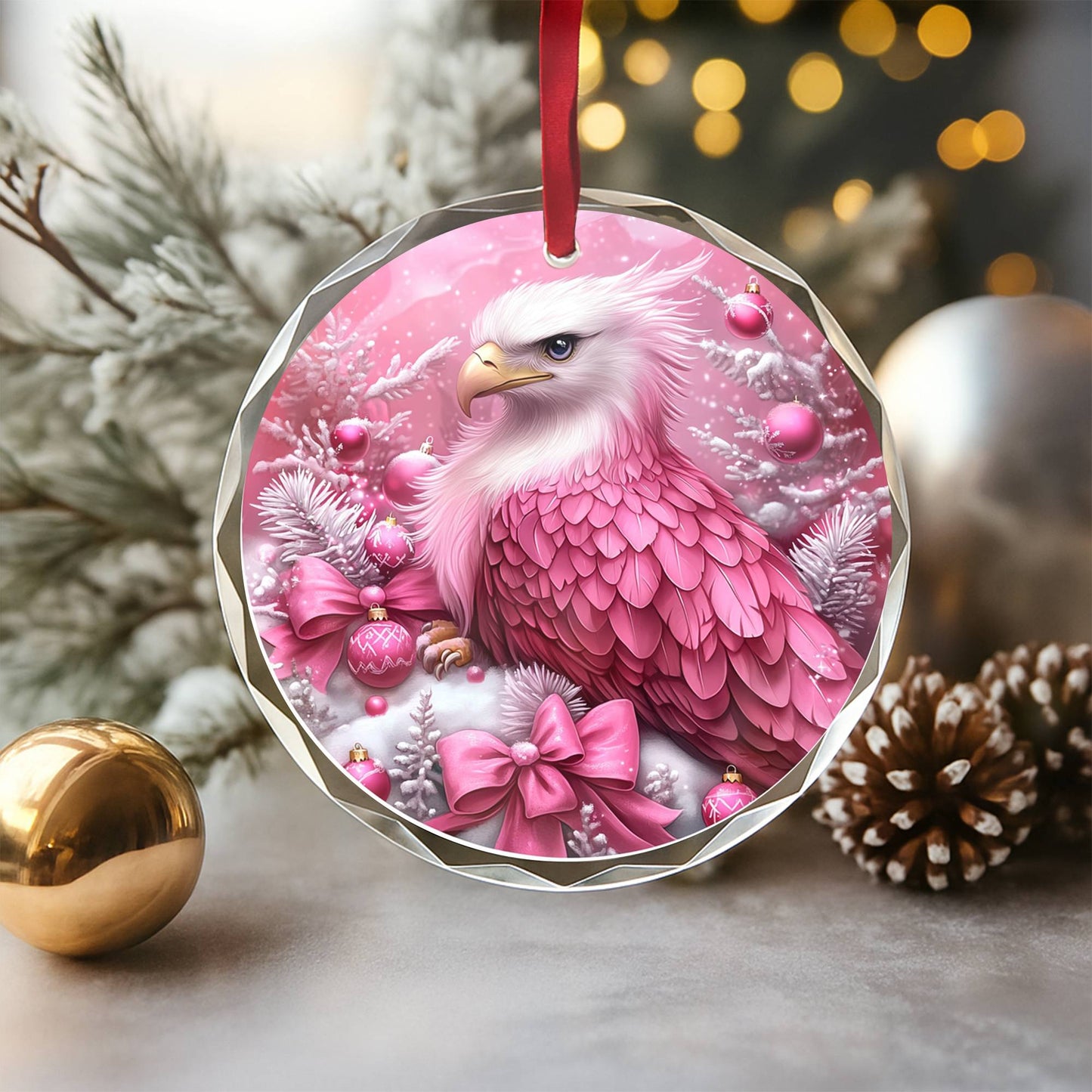 Eagle Pink Christmas Design 3 Glass Ornament