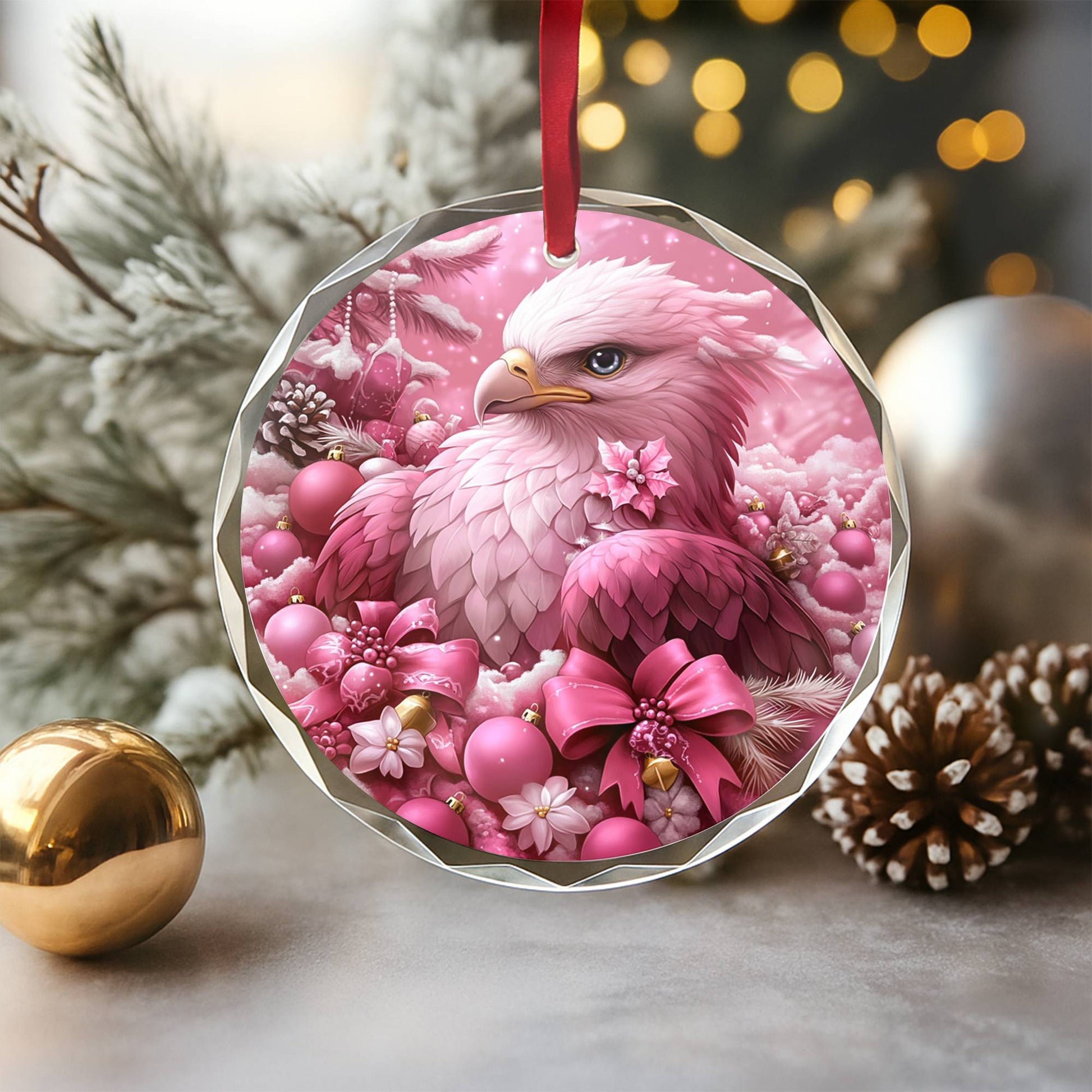 Eagle Pink Christmas Design 2 Glass Ornament