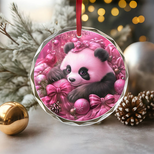 Panda Pink Christmas Design 3 Glass Ornament