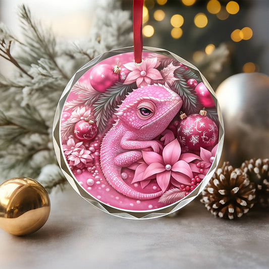 Chameleon Pink Christmas Design 3 Glass Ornament