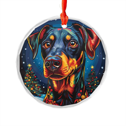 Beautiful Angus Doberman Pinscher Dog Christmas Night Design 3 Glass Ornament