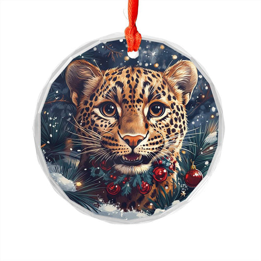 Beautiful Leopard Christmas Night Design 1 Glass Ornament