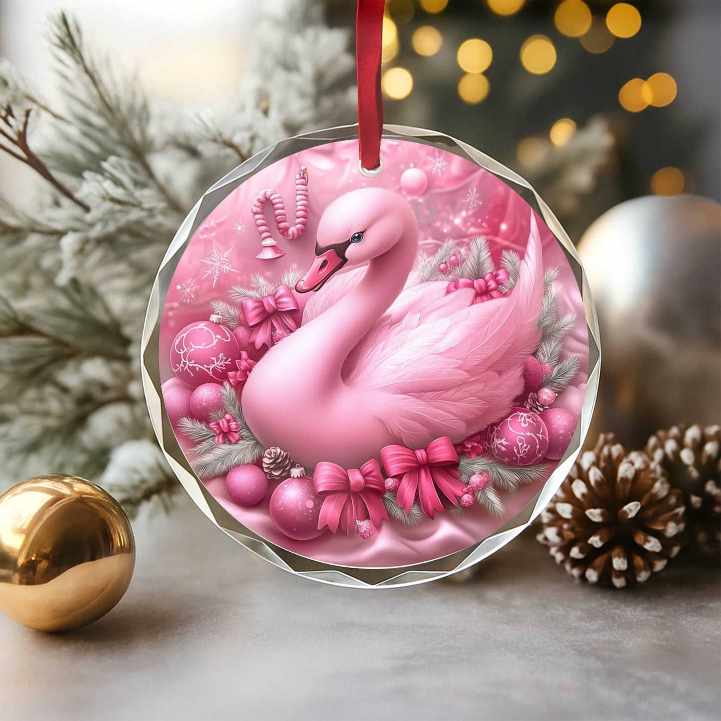 Swan Pink Christmas Design 3 Glass Ornament