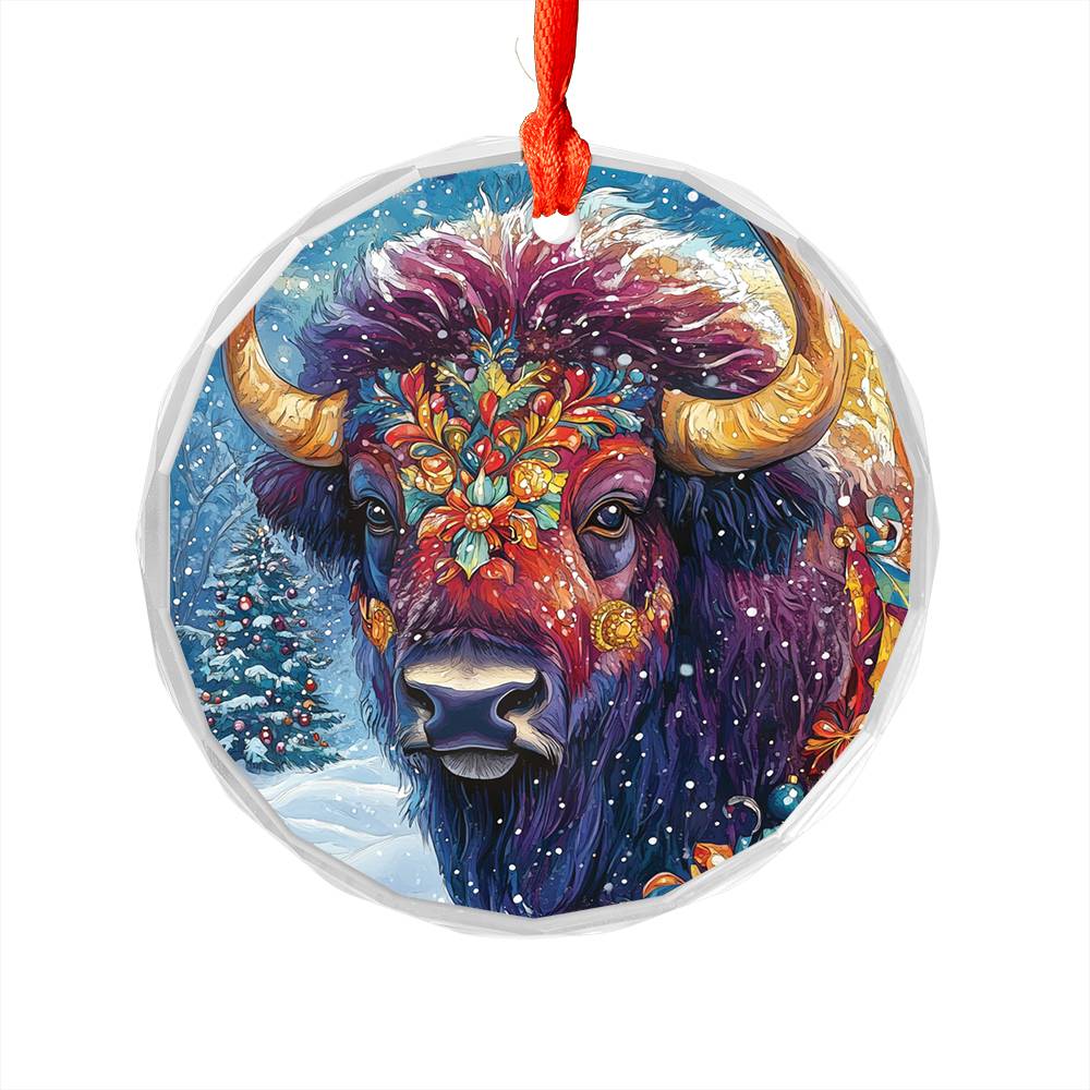 Beautiful Bison Christmas Night Design 4 Glass Ornament