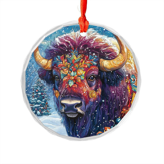 Beautiful Bison Christmas Night Design 4 Glass Ornament