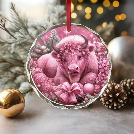 Bison Pink Christmas Design 3 Glass Ornament