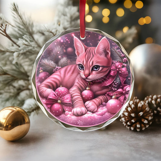 Egyptian Mau Cat Pink Christmas Design 2 Glass Ornament
