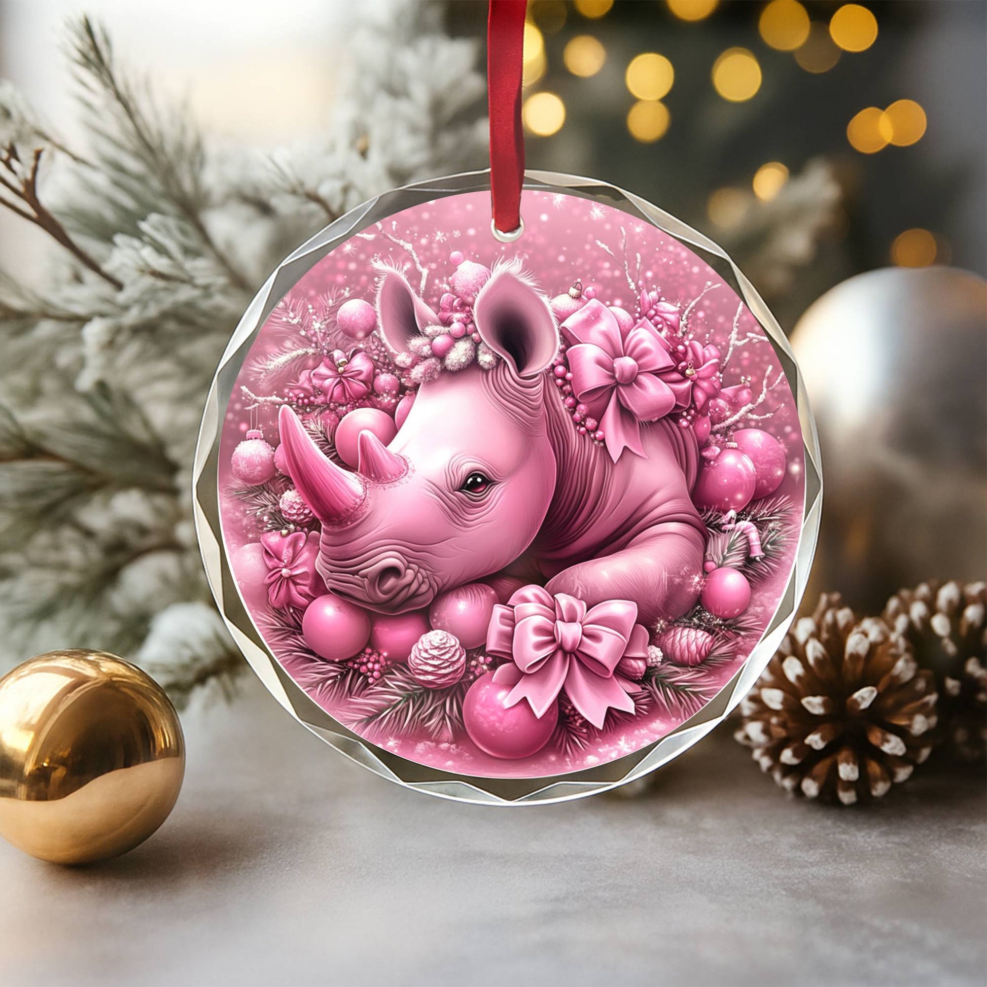 Rhino Pink Christmas Design 2 Glass Ornament