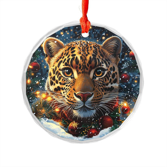 Beautiful Leopard Christmas Night Design 3 Glass Ornament