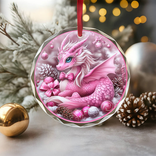 Dragon Pink Christmas Design 2 Glass Ornament