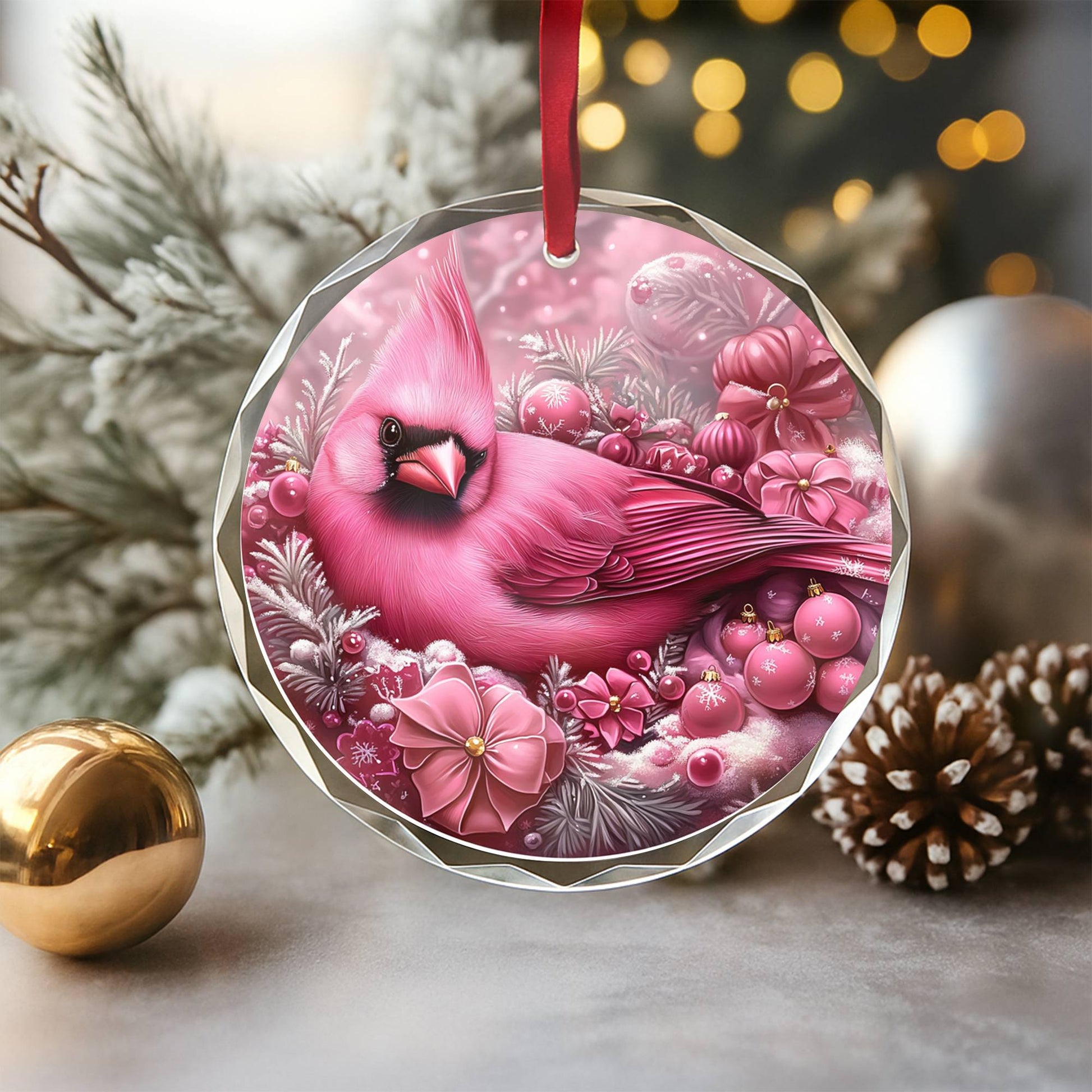 Cardinal Pink Christmas Design 3 Glass Ornament