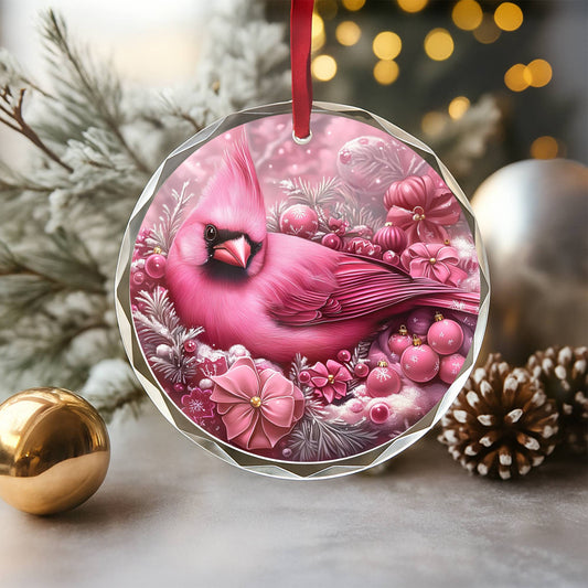 Cardinal Pink Christmas Design 3 Glass Ornament