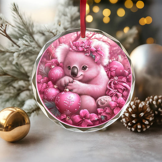 Koala Pink Christmas Design 3 Glass Ornament