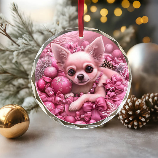 Chihuahua Dog Pink Christmas Design 3 Glass Ornament